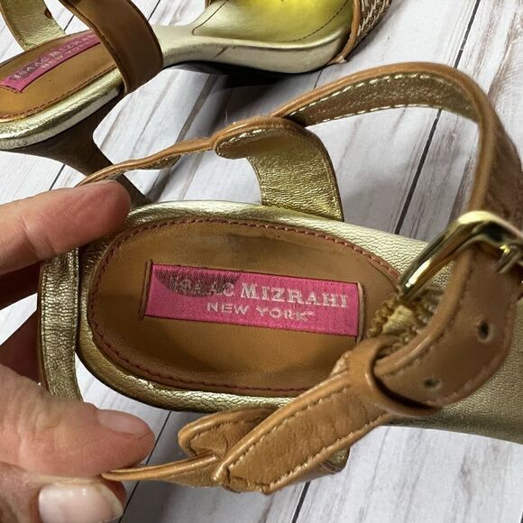 Isaac Mizrahi Isbelle Gold Tan Leather Woven Strap Heels - Picture 8 of 10